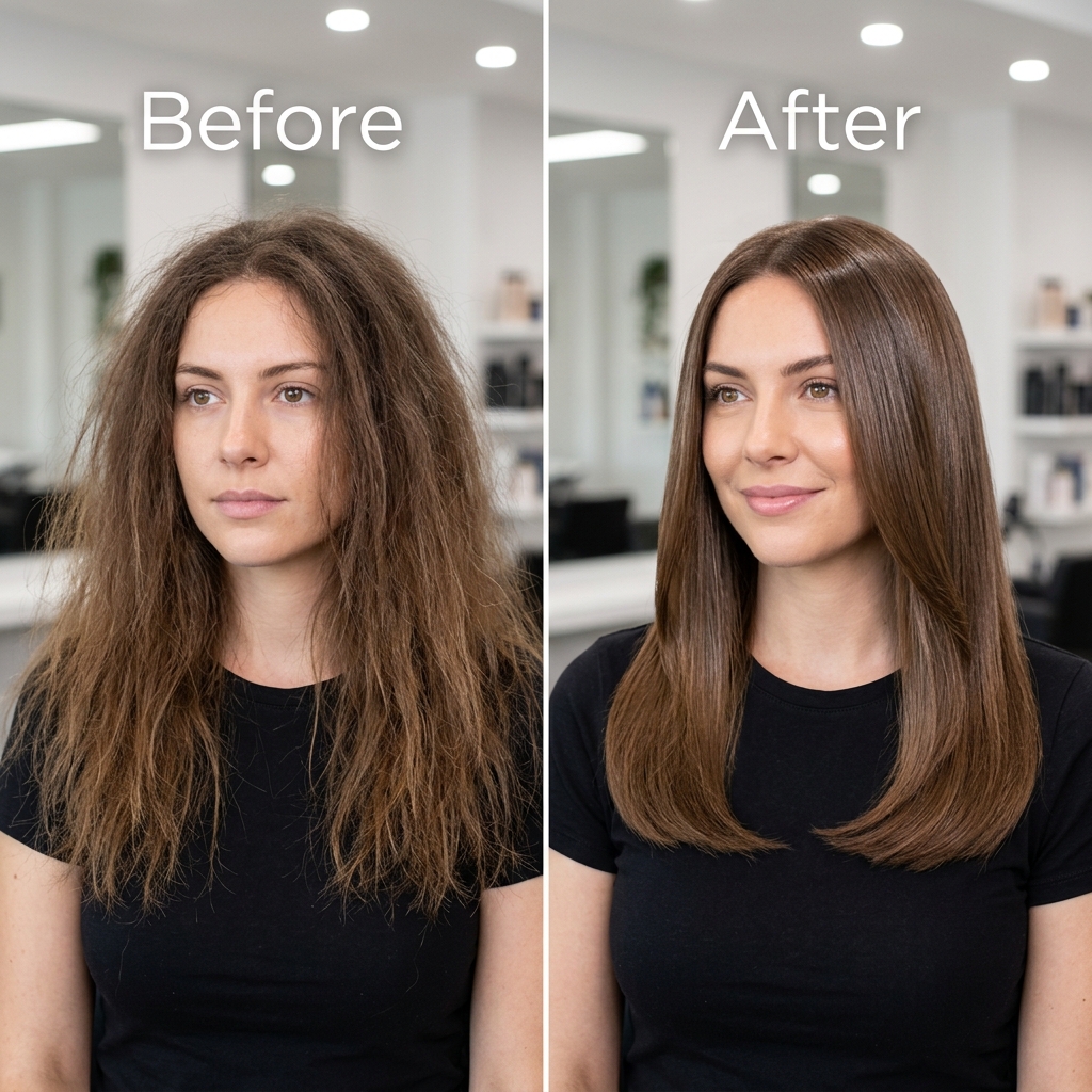 Hair Botox before and after transformation — real client results showing frizzy to silky smooth hair